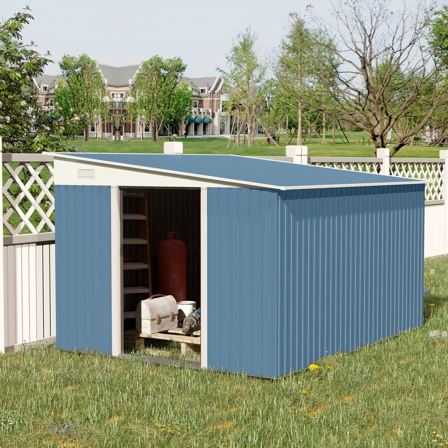 Outsunny Abri de jardin en acier de 11' x 9' avec maison à outils en métal avec doubles portes coulissantes verrouillables et 2 bouches d'aération, bleu