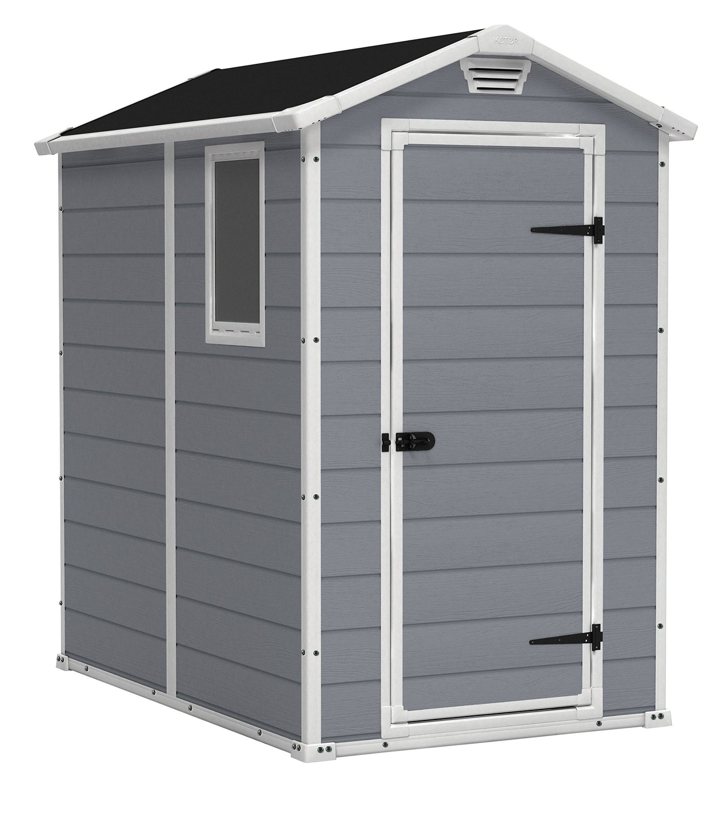 Keter Manor Kit d'abri de rangement extérieur en résine 4 x 6 - Parfait pour ranger les meubles de terrasse, les outils de jardin, les accessoires de vélo, les chaises de plage et la tondeuse à gazon, gris et blanc