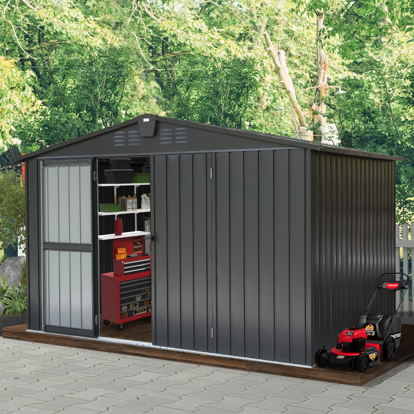 Domi Abri de rangement extérieur 10' x 8', abri de jardin en métal pour vélo, poubelle, outils, tondeuses à gazon, jouets de piscine, armoire de rangement extérieure en acier galvanisé avec porte verrouillable pour jardin, patio, pelouse… 10' x 8'