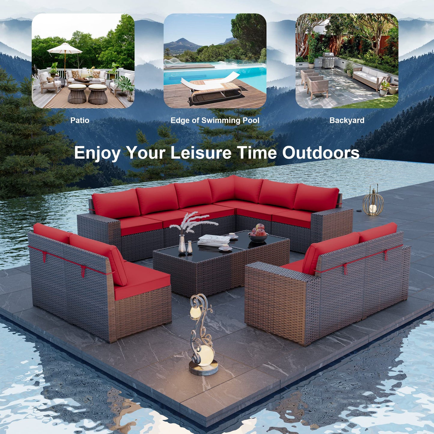 ALAULM 12 Pieces Outdoor Patio Furniture Set Sectional Sofa Sets - Red