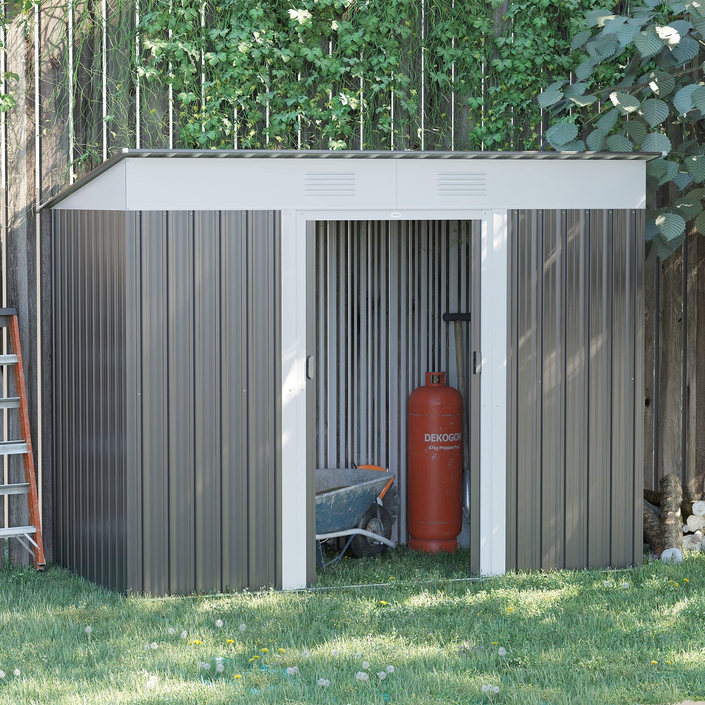 Outsunny Abri de rangement extérieur en métal de 2,4 x 1,2 m, organiseur de rangement pour outils de jardin avec portes coulissantes, serrure et 2 aérations, pour jardin, terrasse, pelouse, gris 2,4 x 1,2 m