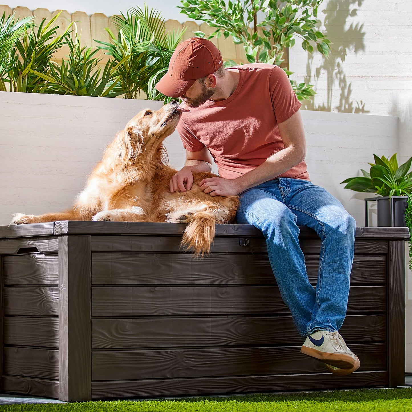 Keter Westwood Outdoor Resin 150 Gallon Deck Storage Box Organizer for Patio Furniture, Pool Toys and Yard Tools with Bench, Brown (2 Pack)