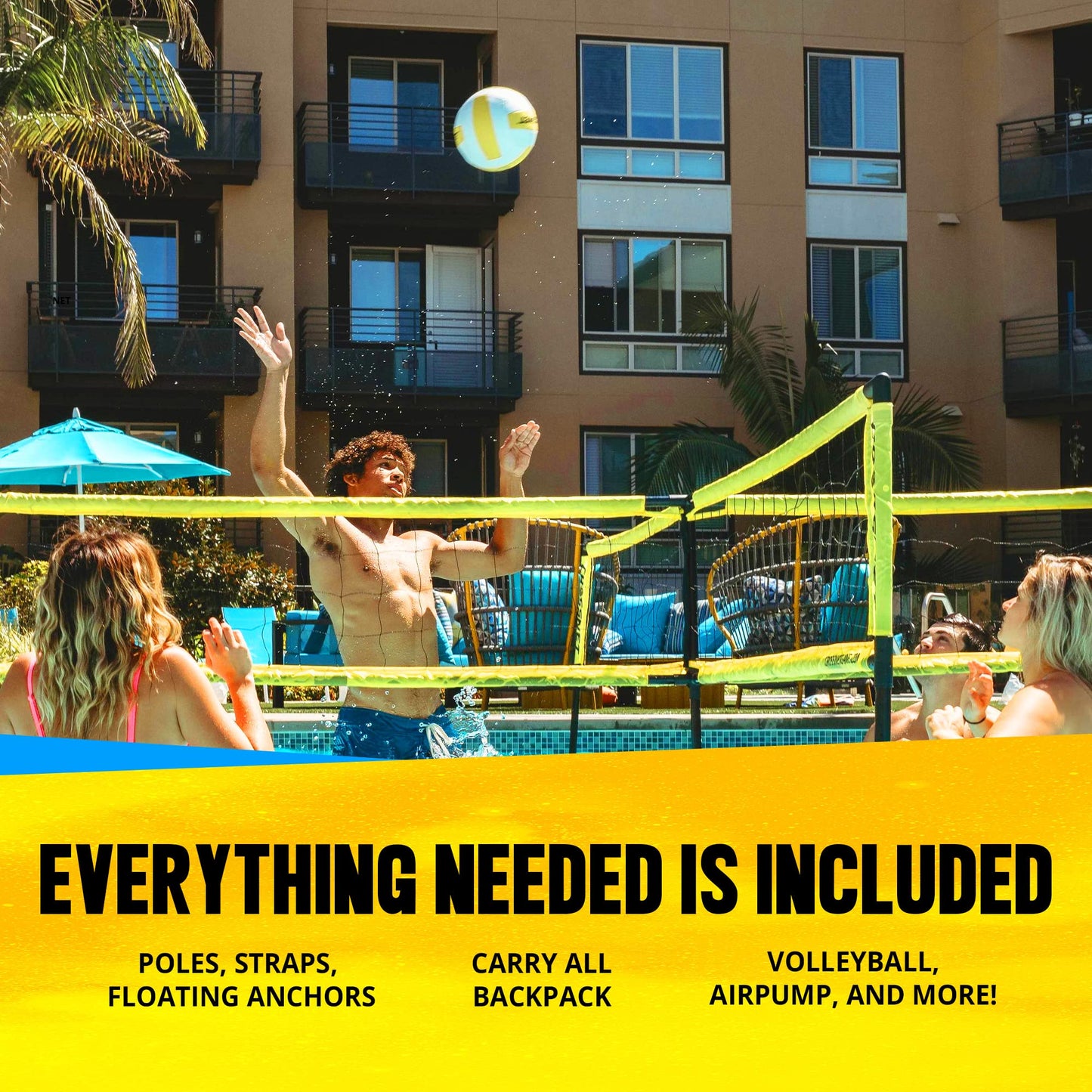 CROSSNET H2O Volleyball Pool Game for Adults and Family - Four Square Net Pool Game - Quick Assemble & Portable - Pool Volleyball Set for Inground Pools - Perfect Pool Toys for All Ages W/Accessories