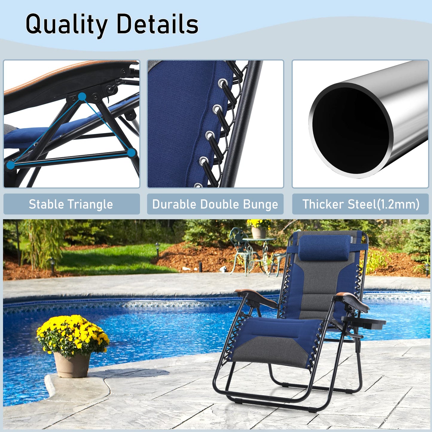 PHI VILLA Oversize XL Padded Zero Gravity Lounge Chair Wide Armrest Adjustable Recliner with Cup Holder, Support 400 LBS (Thumb Blue) Thumb Blue-oversized 1-Pack