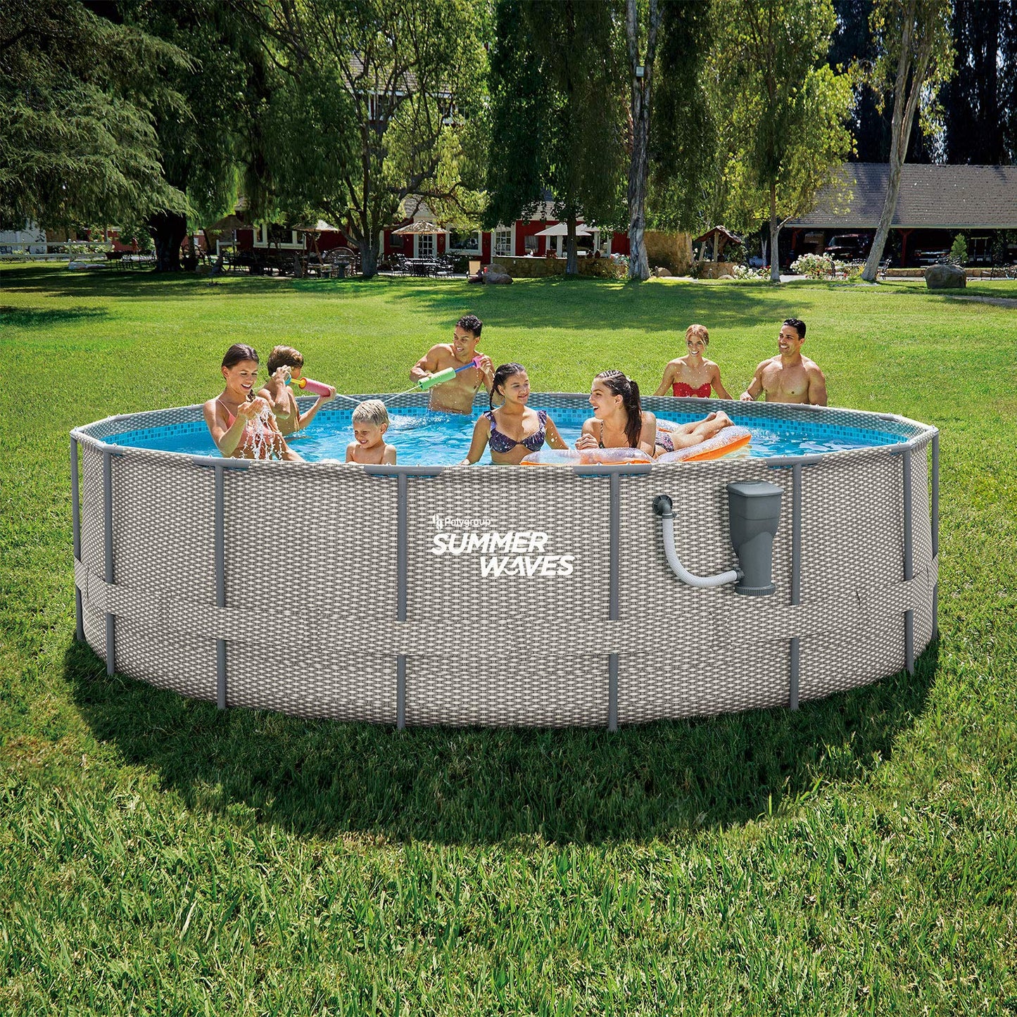 Summer Waves Active Metal Frame 16 Foot x 48 Inch Round Above Ground Wicker Gray Swimming Pool Set with Skimmer Plus Pool Filter Pump and Type C Filter Cartridge, Gray Rattan 16' x 48" - No Window