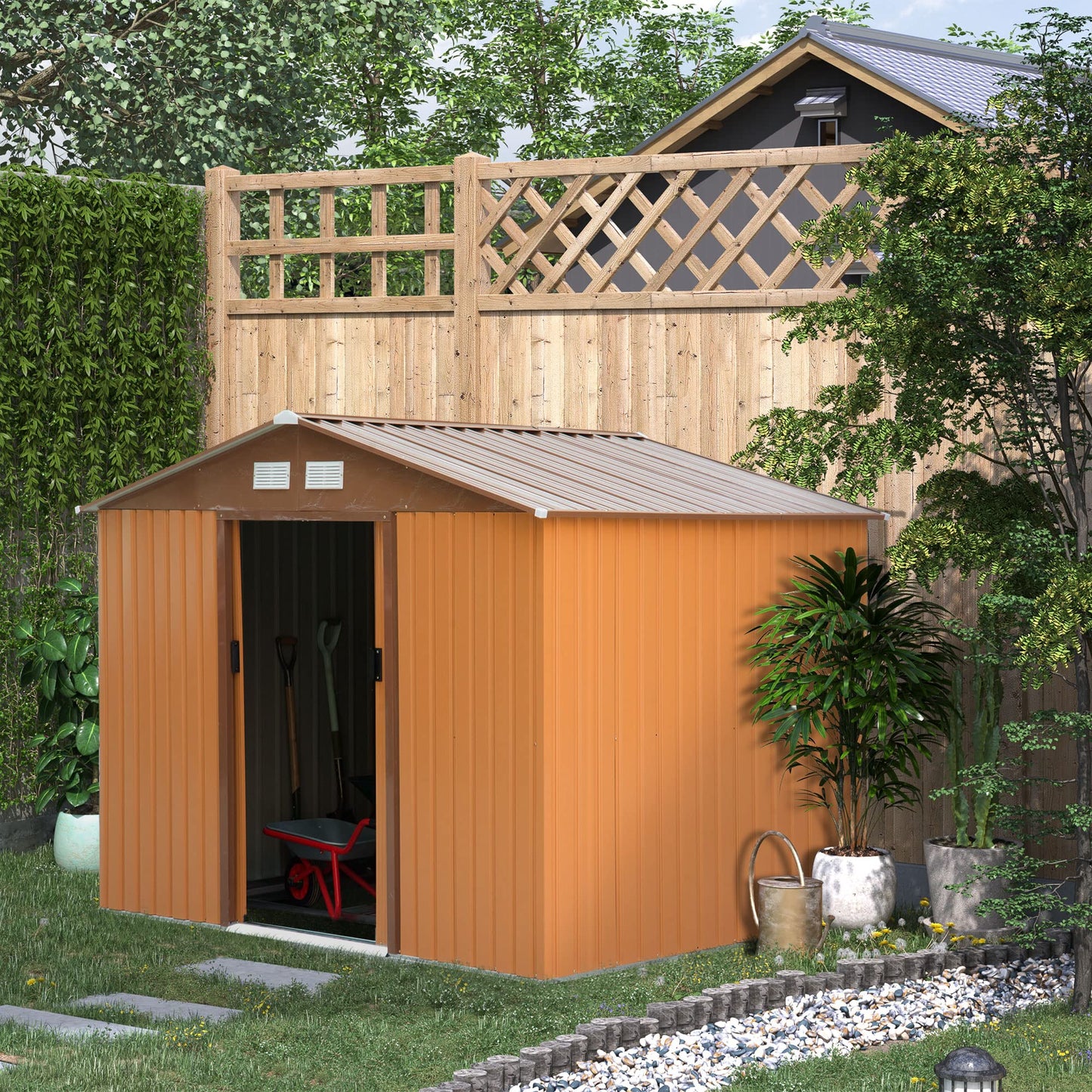 Outsunny 9' x 6' Metal Storage Shed Garden Tool House with Double Sliding Doors, 4 Air Vents for Backyard, Patio, Lawn Brown 9' x 6'