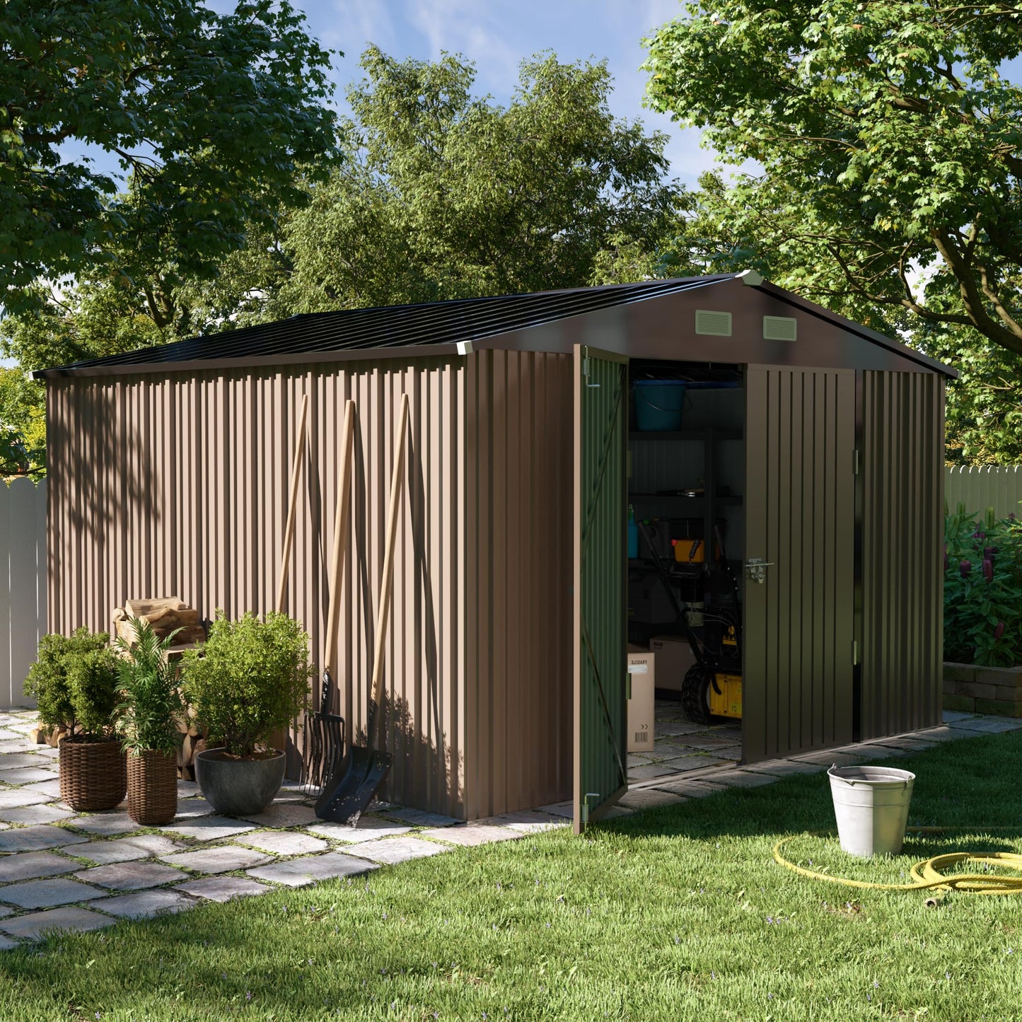 Abri de rangement extérieur, Amopatio Abri de jardin en métal galvanisé robuste, abri de rangement pour outils extérieurs (10' x 10', marron) 10' x 10'
