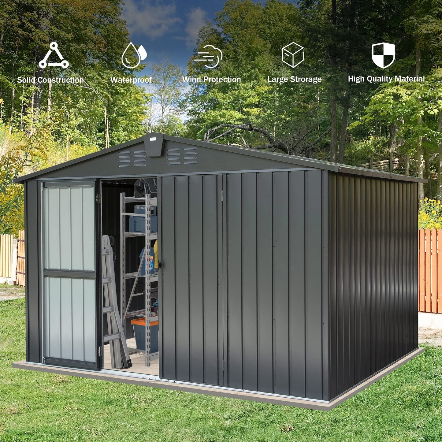 Domi Abri de rangement extérieur 10' x 8', abri de jardin en métal pour vélo, poubelle, outils, tondeuses à gazon, jouets de piscine, armoire de rangement extérieure en acier galvanisé avec porte verrouillable pour jardin, patio, pelouse… 10' x 8'