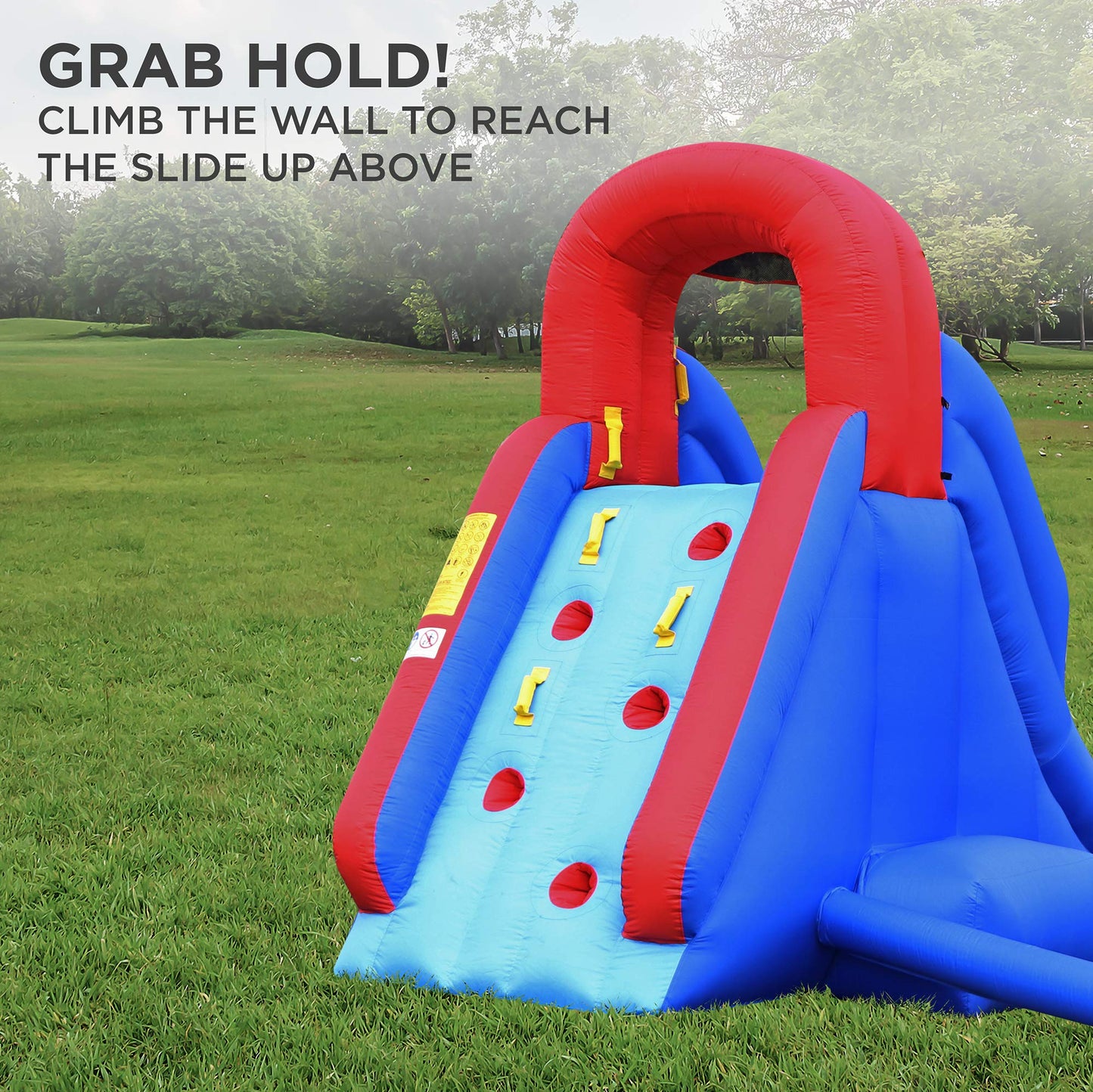 Sunny & Fun Compact Inflatable Water Slide Park – Heavy-Duty Nylon for Outdoor Fun - Climbing Wall, Slide, & Small Splash Pool – Easy to Set Up & Inflate with Included Air Pump & Carrying Case Blue/Red