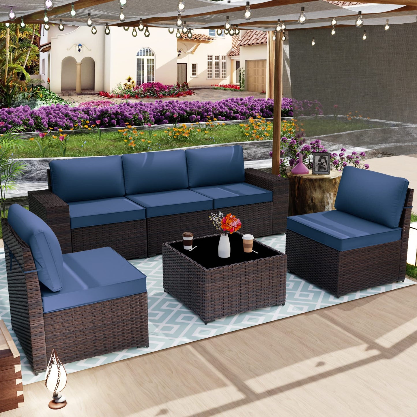 ALAULM Patio Furniture Sets 6 Pieces Patio Sectional Outdoor Furniture Patio Sofa Chairs Set - Dark Blue