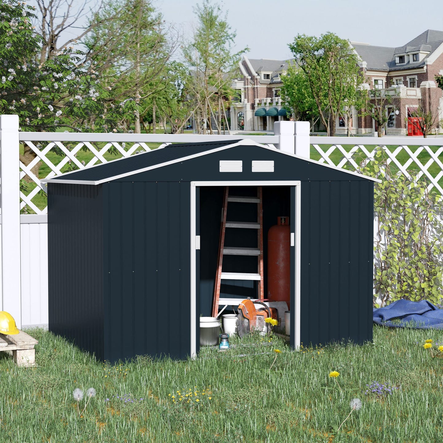 Outsunny 9' x 6' Metal Storage Shed, Garden Tool House with Floor Foundation, Double Sliding Doors, 4 Air Vents for Backyard, Patio, Lawn, Dark Grey 9' x 6'