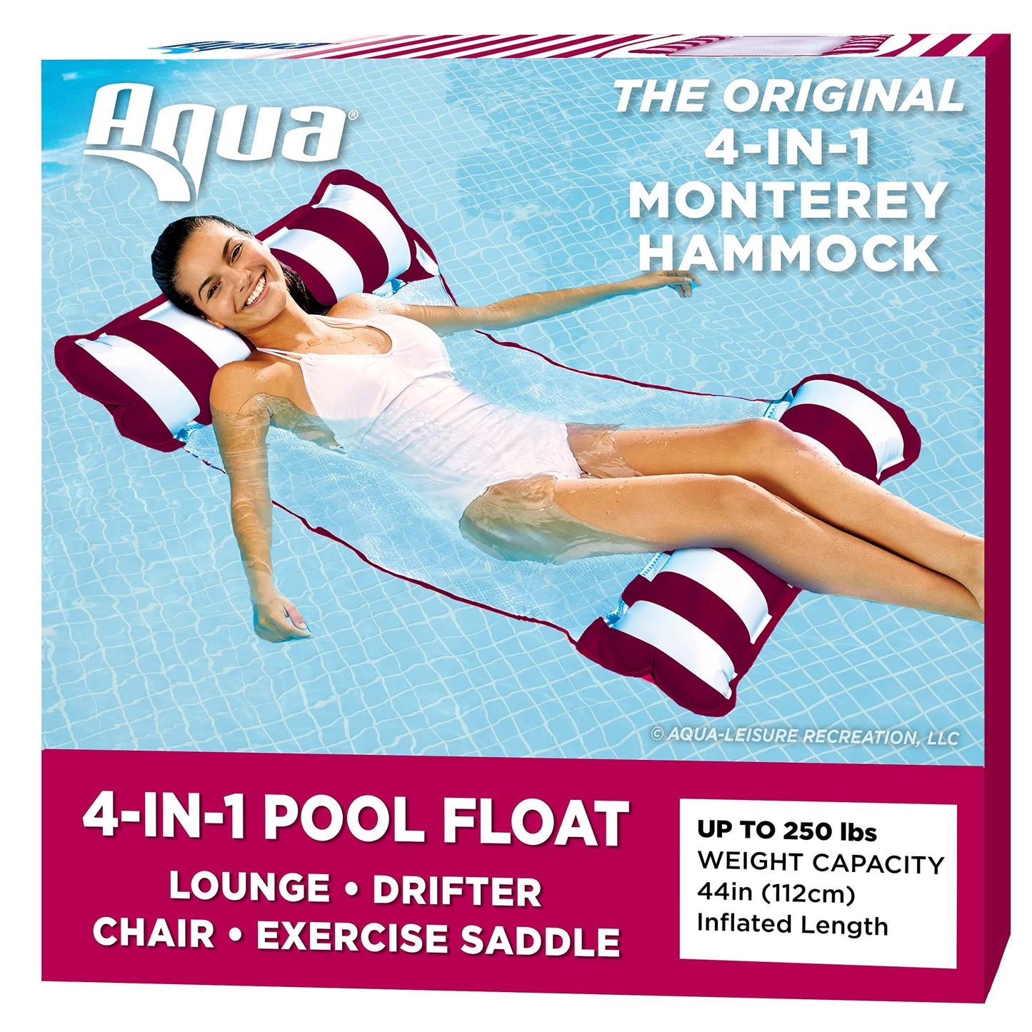 Aqua Original 4-in-1 Monterey Hammock Pool Float & Water Hammock – Multi-Purpose, Inflatable Pool Floats for Adults – Patented Thick, Non-Stick PVC Material Burgundy – Hammock