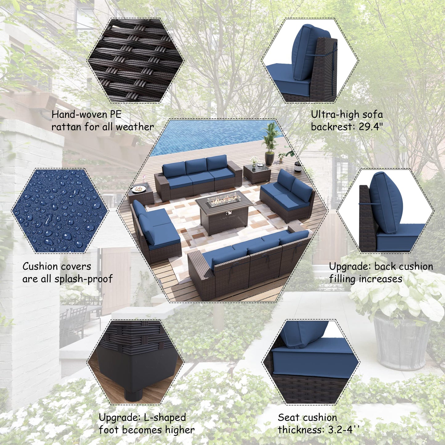ALAULM 13 Pieces Outdoor Patio Furniture Set with Propane Fire Pit Table Outdoor Sectional Sofa Sets