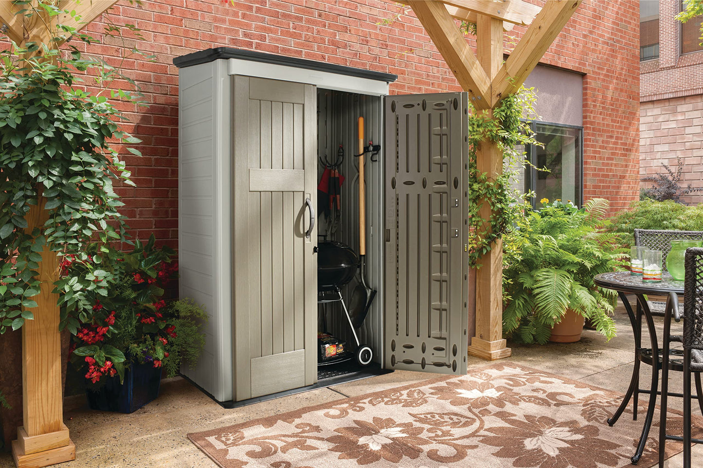 Rubbermaid Outdoor Small Vertical Resin Storage Shed, 5x2 Feet, Brown, Weather Resistant Utility Shed with Lock for Storage for Lawn Accessories/Power Tools/Outdoor Toys/Hose 5'x2'