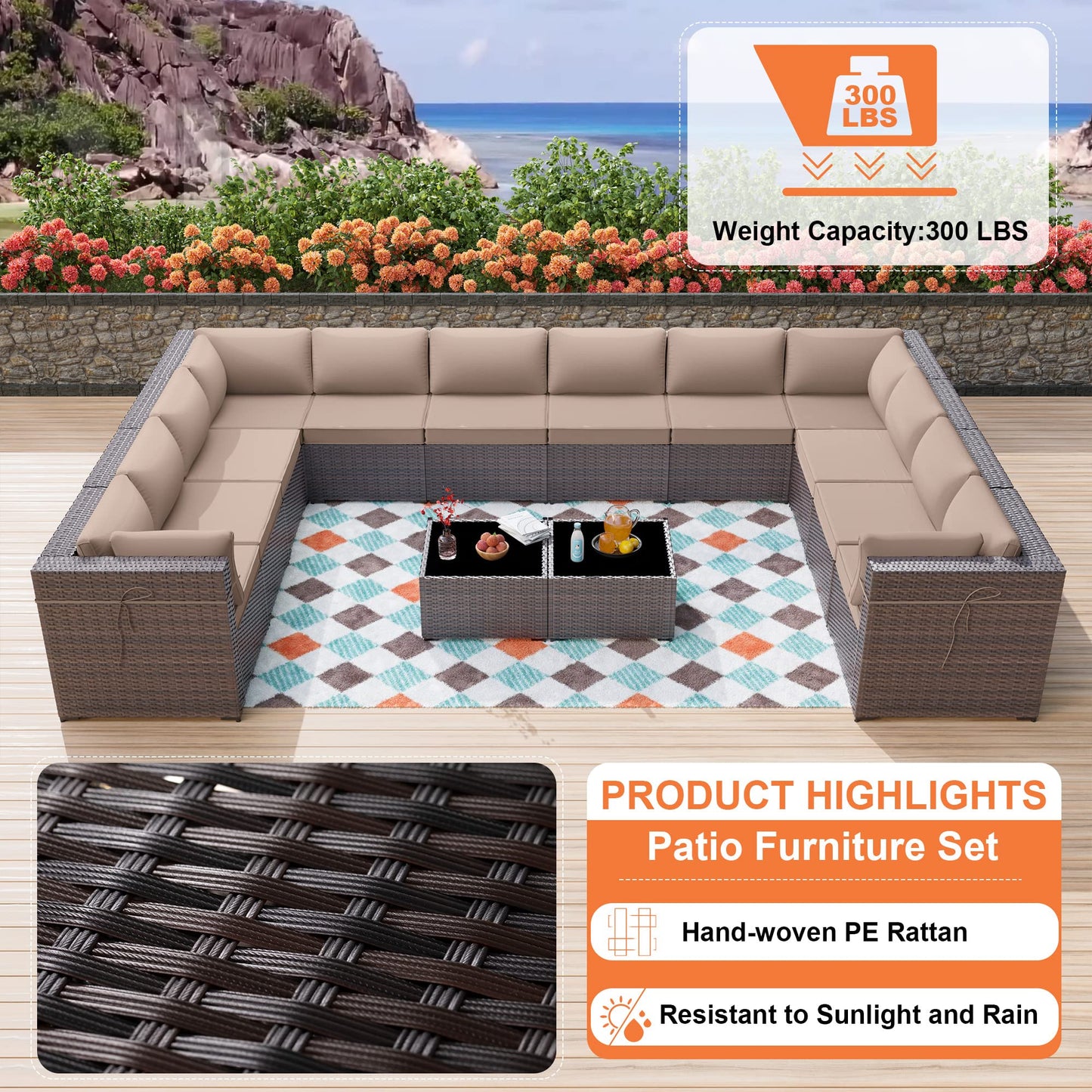 ALAULM 14 Pieces Sectional Outdoor Patio Furniture Sofa Sets - Sand