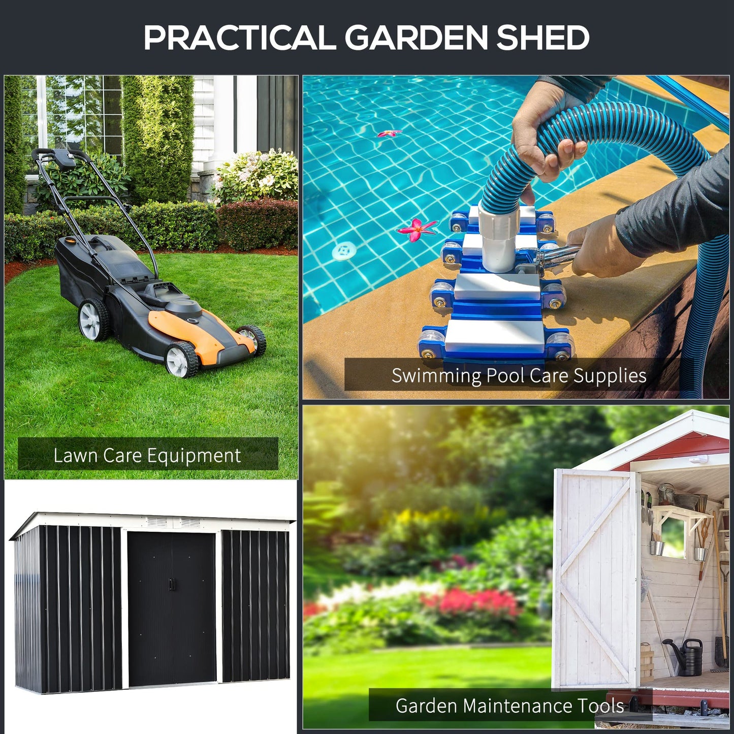 Outsunny 9' x 4' Metal Garden Storage Shed Tool House with Sliding Door Spacious Layout & Durable Construction for Backyard, Patio, Lawn Dark Grey Gray