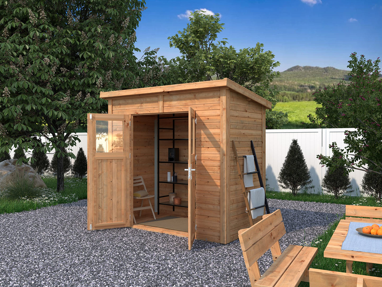Leisure Season Urbano Kit d'abri de jardin moderne résistant aux intempéries avec sol, portes, fenêtres en plexiglas, toit en pente – Kit d'abri de jardin en bois d'épicéa nordique – Marron moyen, 2,4 x 1,2 m (URB8X47853)