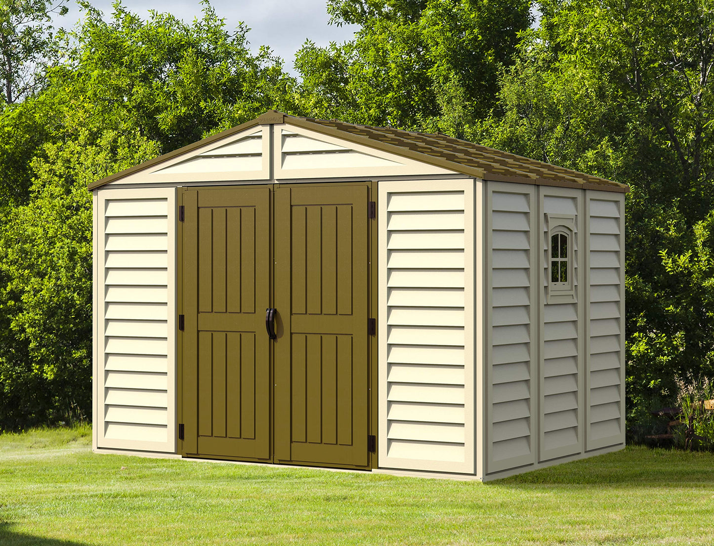 Duramax 0638801402145 Woodbridge Plus Abri de jardin en plastique 10,5 x 8 avec kit de fondation et fenêtre fixe - ivoire et marron - Garantie 15 ans, 10 x 8, marron et ivoire