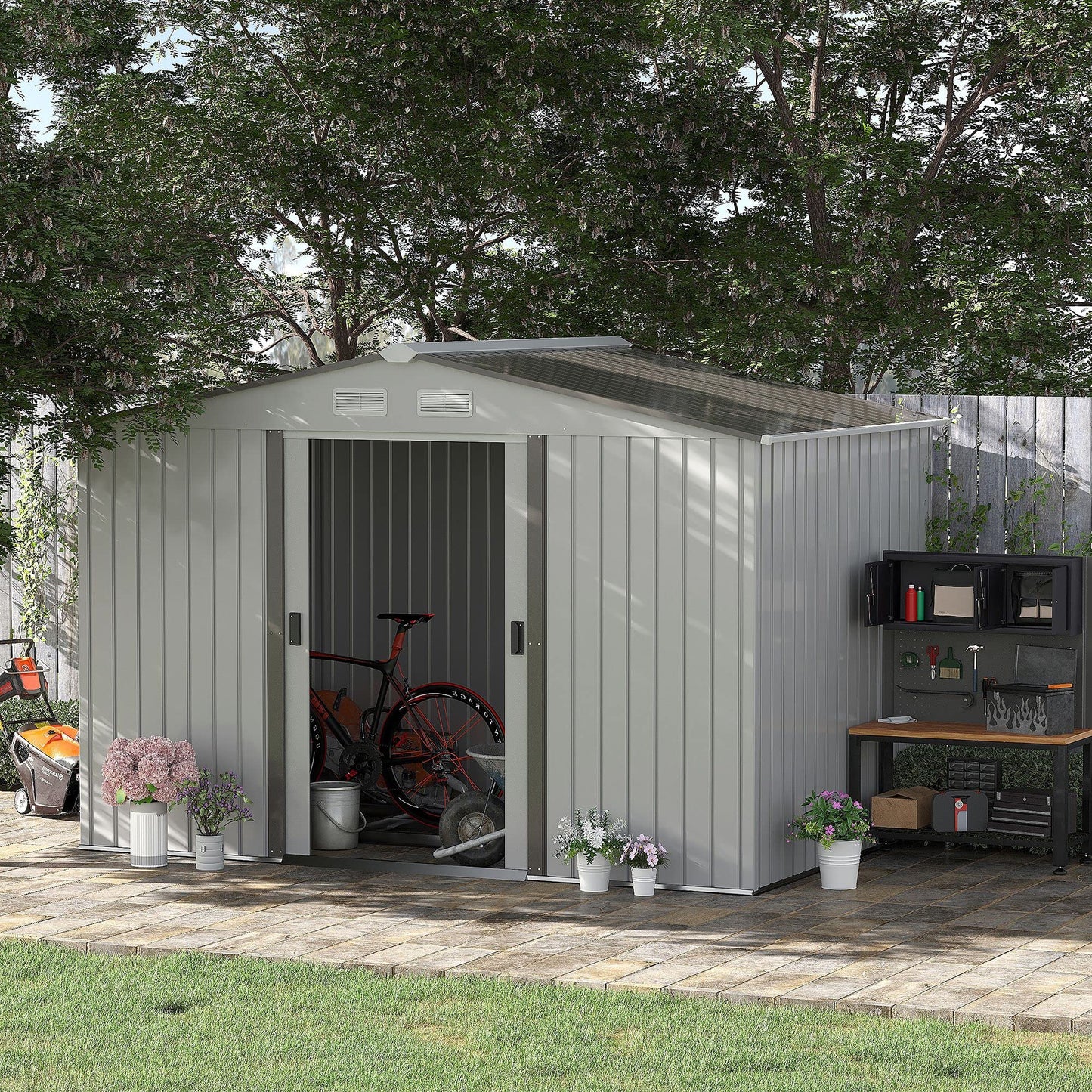 Outsunny 9' x 6' Metal Storage Shed Garden Tool House with Double Sliding Doors, 4 Air Vents for Backyard, Patio, Lawn, Silver 9' x 6'