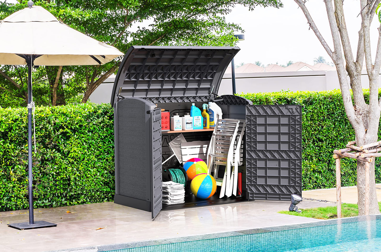 Duramax Cedargrain StoreAway 1200L Plastic Garden Storage Shed/Arc Lid - Outdoor Storage Bike Shed – Durable & Strong Construction– Ideal for Tools, Bikes, BBQs & 2X 240L Bins, 145x85x125 cm, Grey Arc Lid Gray 1200 Litre
