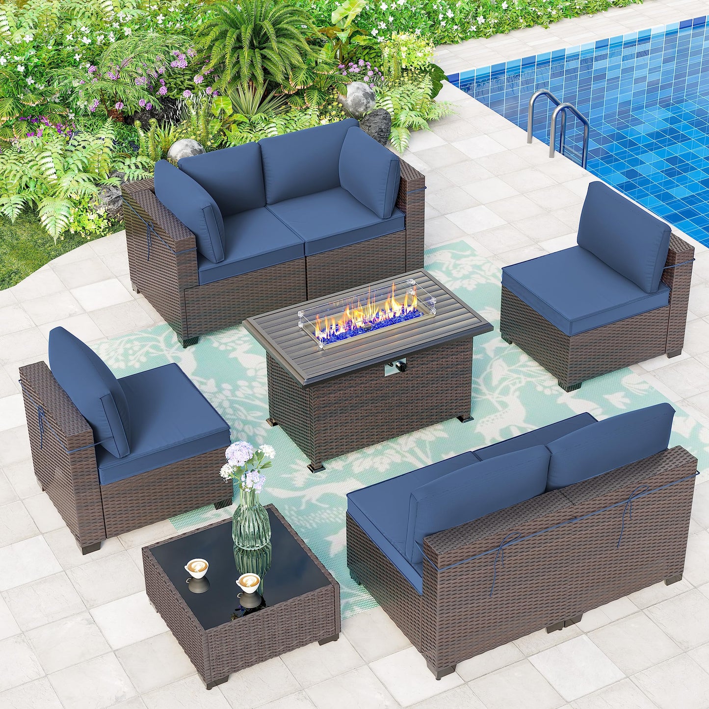 ALAULM 8 Pieces Patio Furniture Set with Propane Fire Pit Table Outdoor Sectional Sofa Sets - Navy Blue