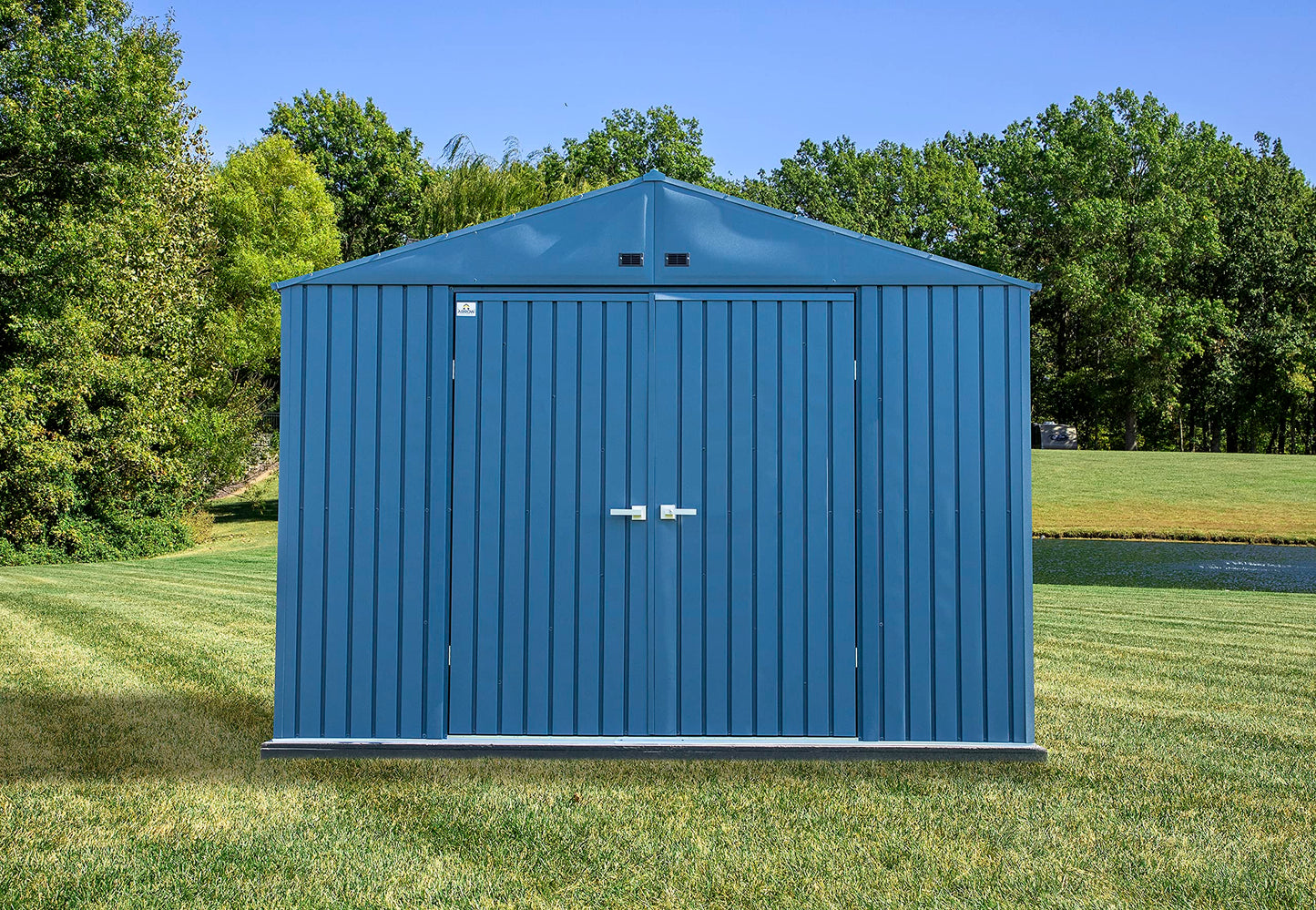 Arrow Shed Elite Hangar de rangement extérieur verrouillable en acier avec toit à pignon de 10' x 14', bleu gris