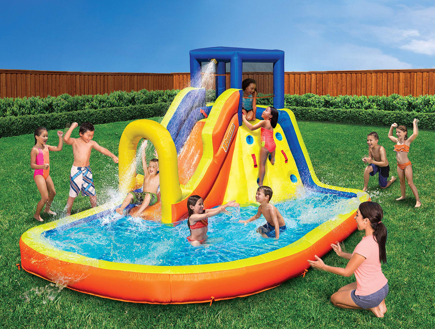 BANZAI Inflatable Water Slide & Bounce House (Combo Pack) - Huge Heavy Duty Outdoor Kids Adventure Park Pool with Sprinkler Wave and Slide Plus Large Bonus 12’x9 Bounce House - Free Blower Included