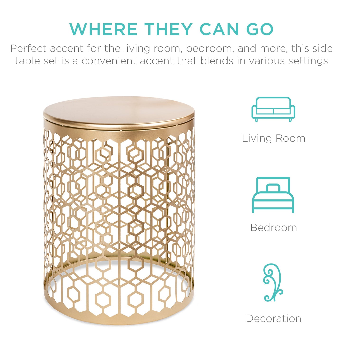 Set of 2 Decorative Round Side Accent Table Nightstands w/ Nesting Design