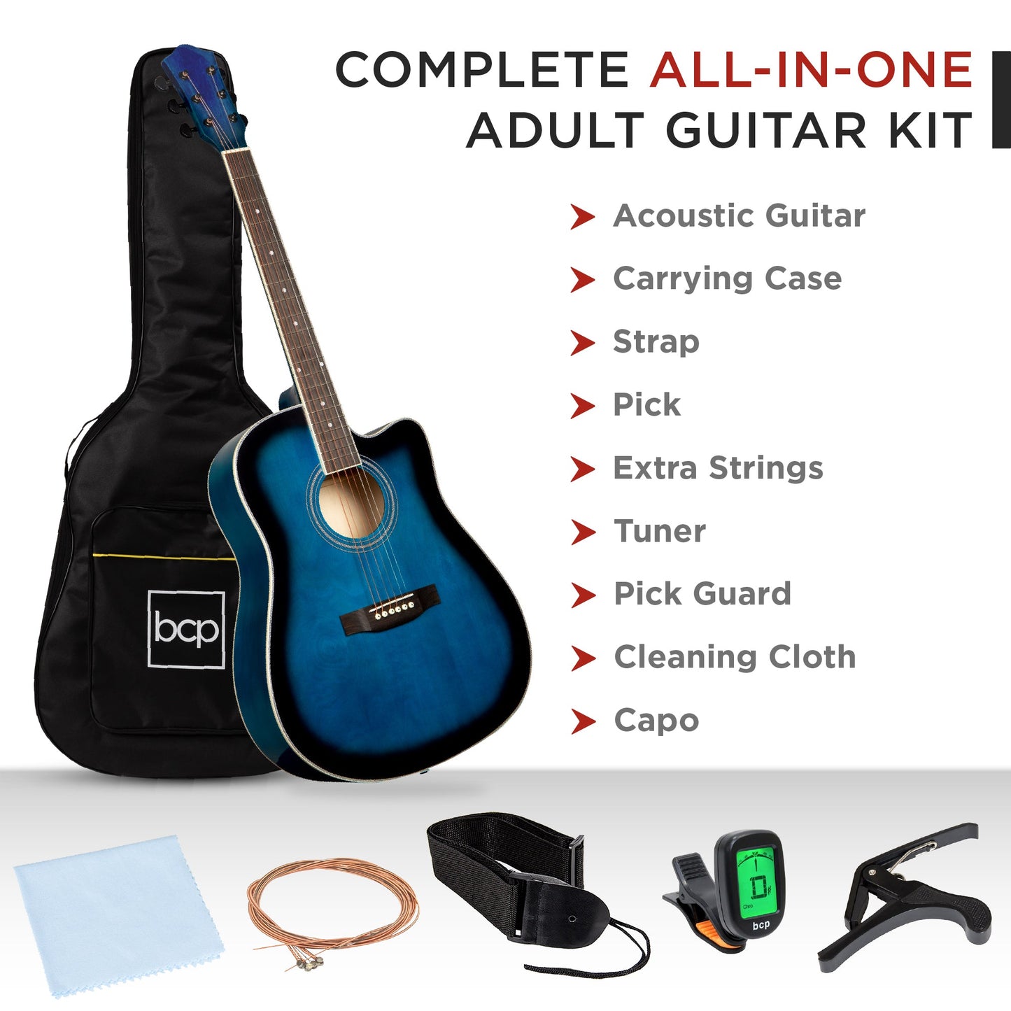 Full Size Beginner Acoustic Guitar Set with Case, Strap, Capo - 41in
