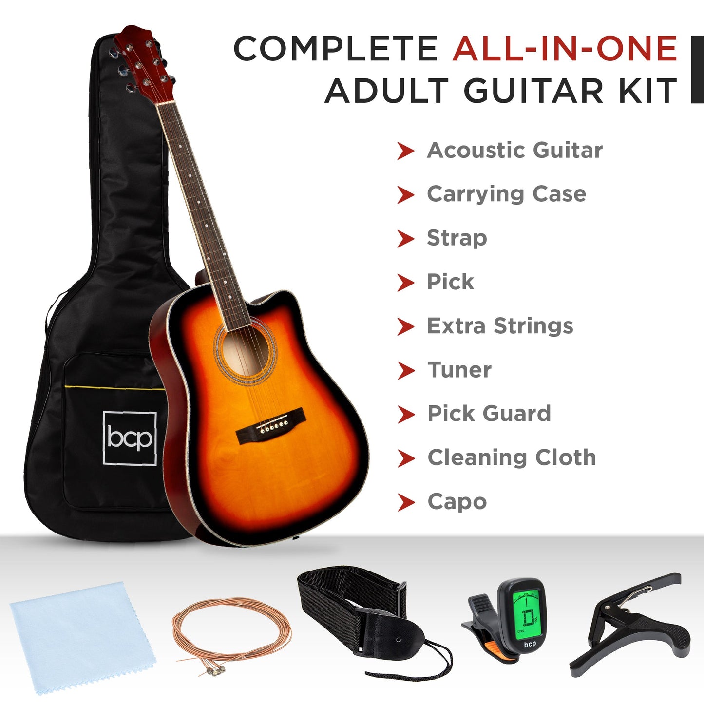 Full Size Beginner Acoustic Guitar Set with Case, Strap, Capo - 41in