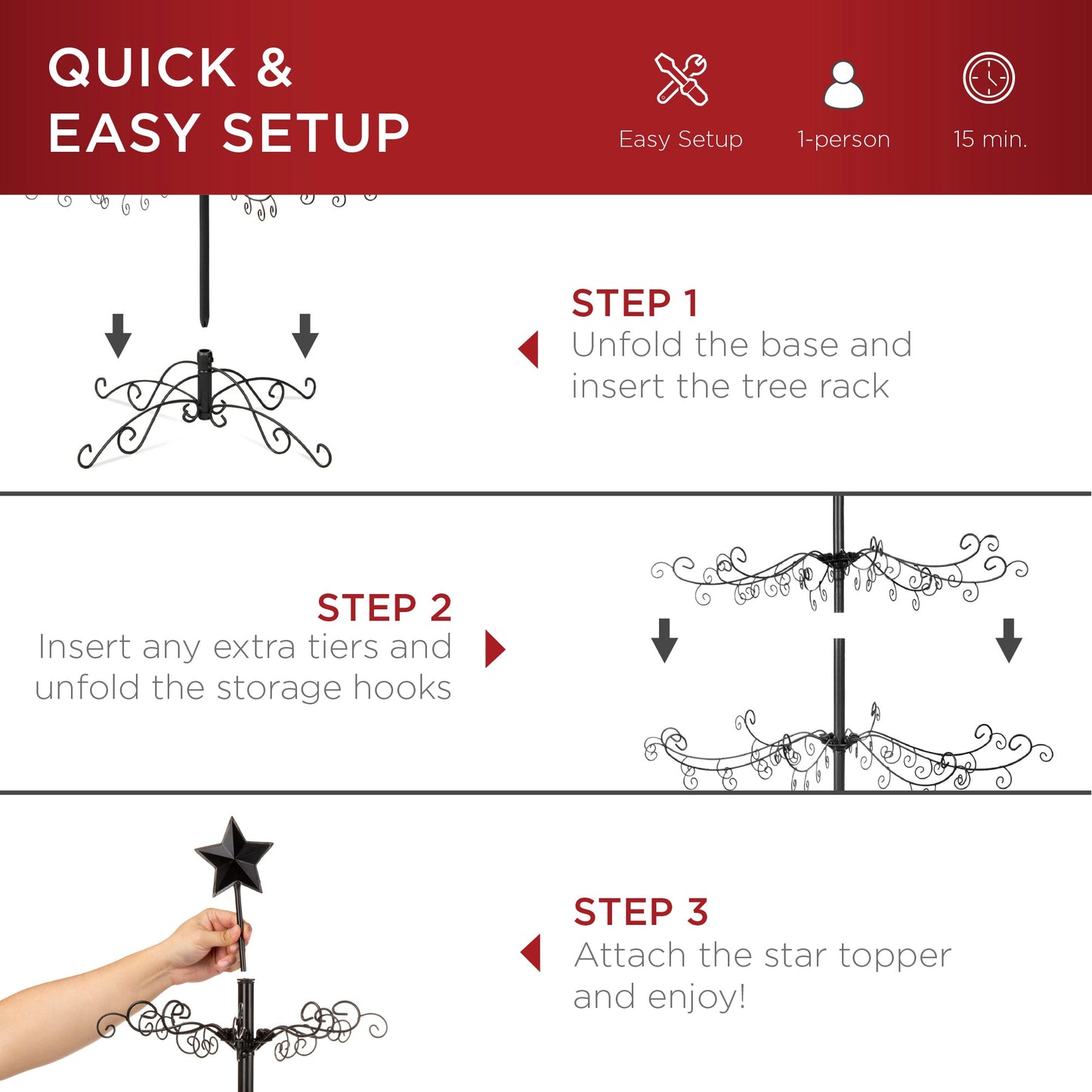 Wrought Iron Christmas Tree Ornament Display w/ Easy Assembly, Stand - 6ft