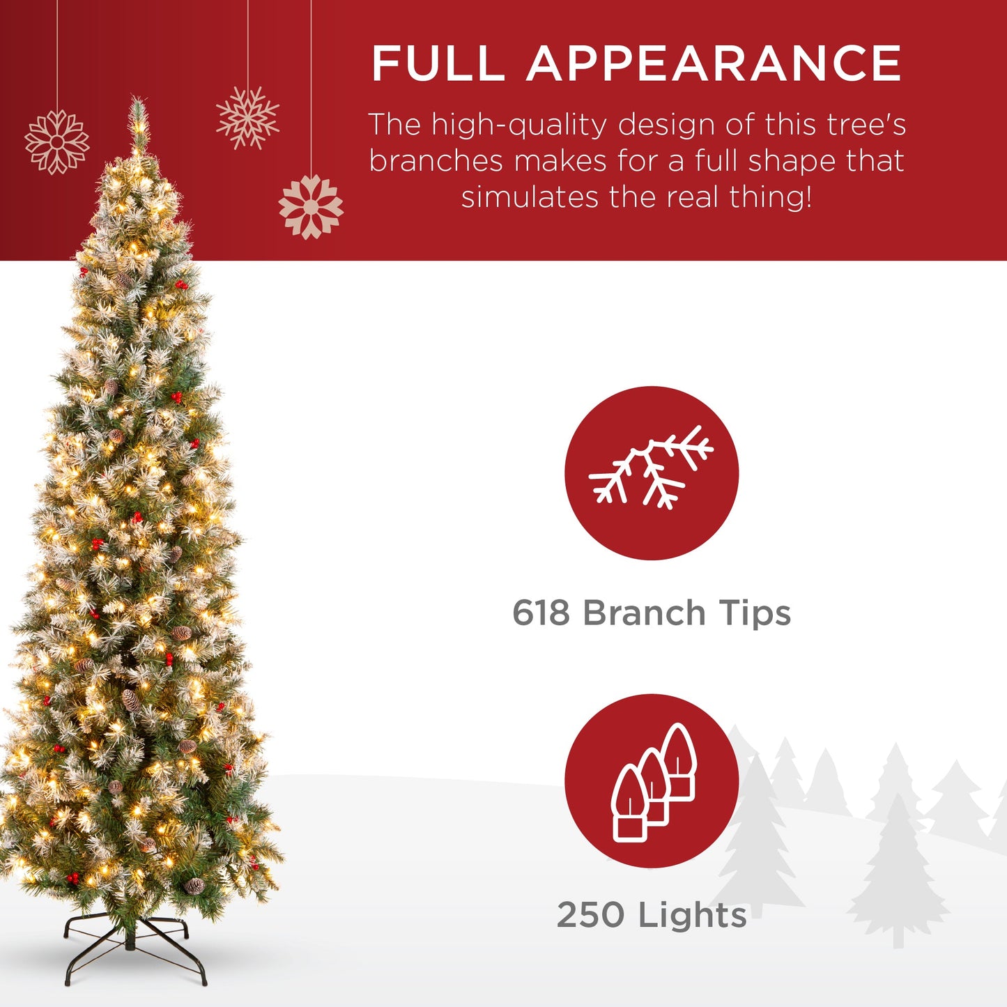 Pre-Lit Partially Flocked Spruce Pencil Tree w/ Berries, Pine Cones