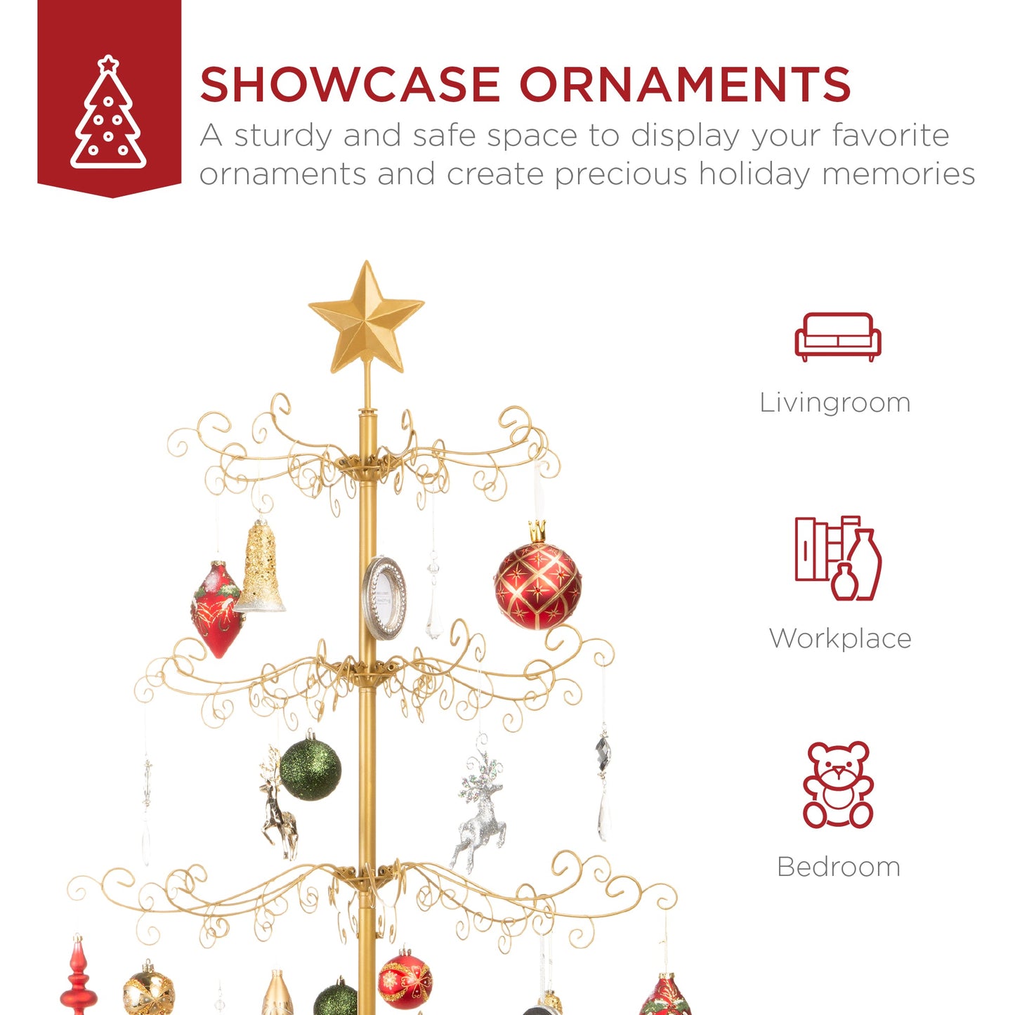 Wrought Iron Christmas Tree Ornament Display w/ Easy Assembly, Stand - 6ft