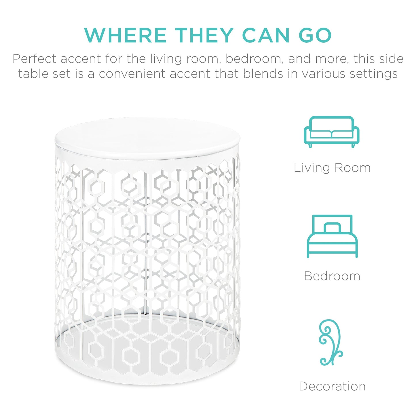 Set of 2 Decorative Round Side Accent Table Nightstands w/ Nesting Design