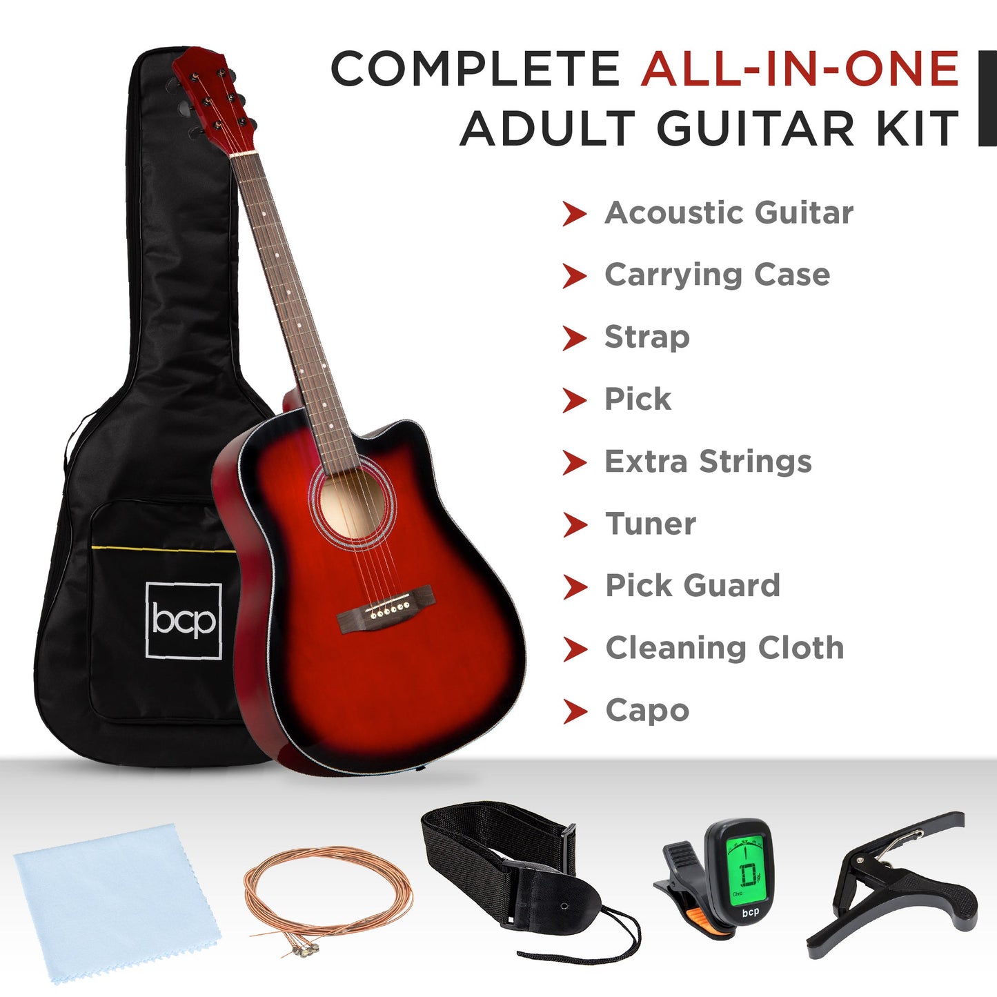 Full Size Beginner Acoustic Guitar Set with Case, Strap, Capo - 41in
