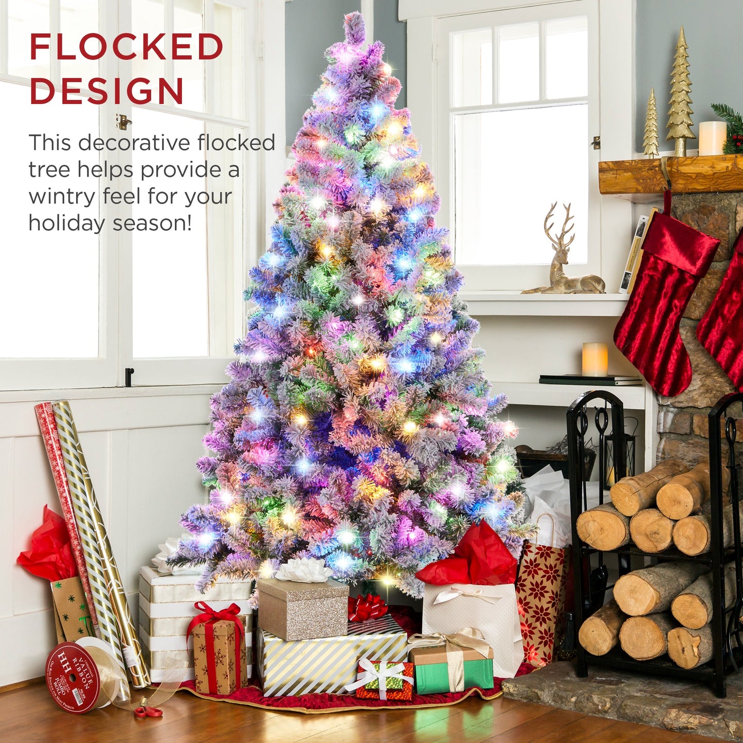 Pre-Lit Snow Flocked Artificial Pine Christmas Tree w/ Multicolored Lights