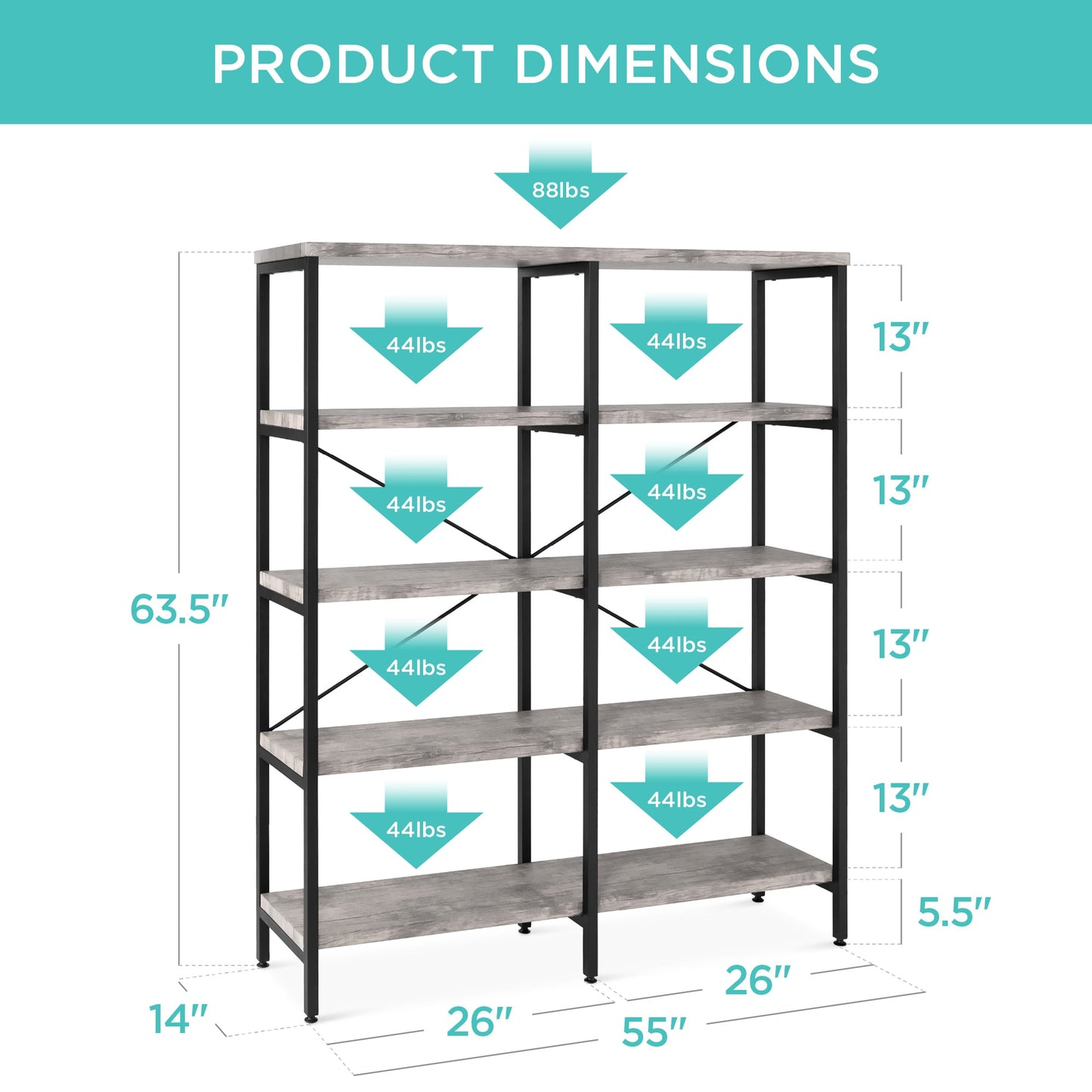 Industrial Bookshelf for Living Room, Walkway w/ Elevated Design - 55in