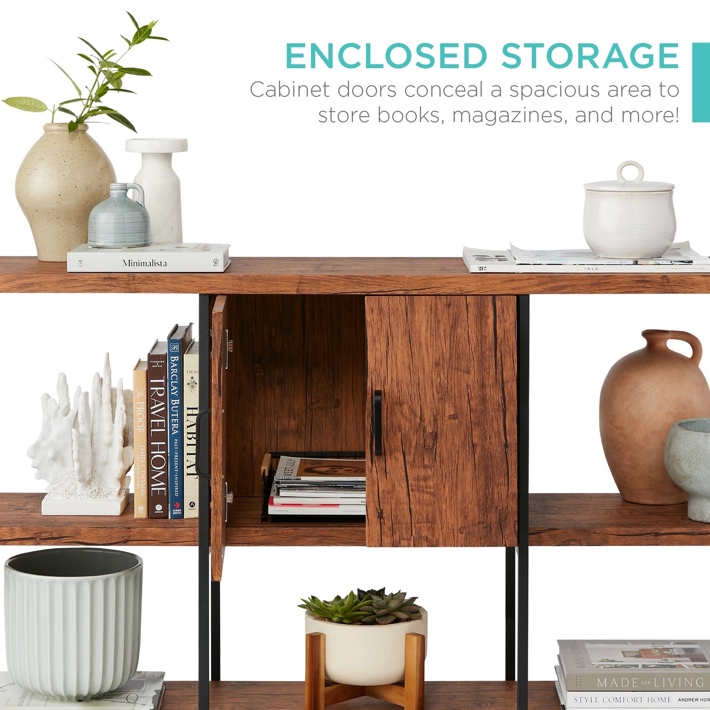 3-Tier Shelf Console Table w/ Cabinet, Non-Scratching Feet - 55in