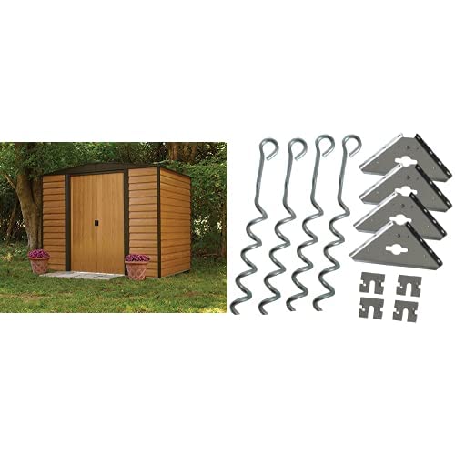 Arrow Shed WR86 Arrow Woodridge Low Gable Steel, Coffee/Woodgrain 8 x 6 ft. Storage Shed & AK600 Earth Anchor Kit, Steel-Stainless Storage Shed + Anchor Kit,AK600