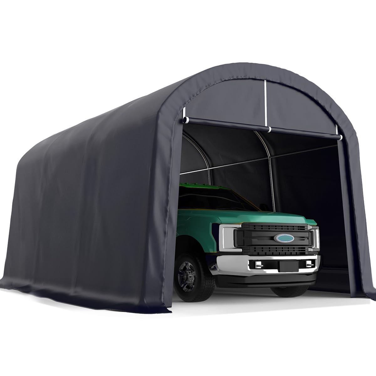 KING BIRD 10' x 15' Heavy Duty Round Style Carport Anti-Snow Car Port Garage Car Tent Car Canopy Outdoor Instant Garage with Reinforced Ground Bars 10'X15' Dark Gray