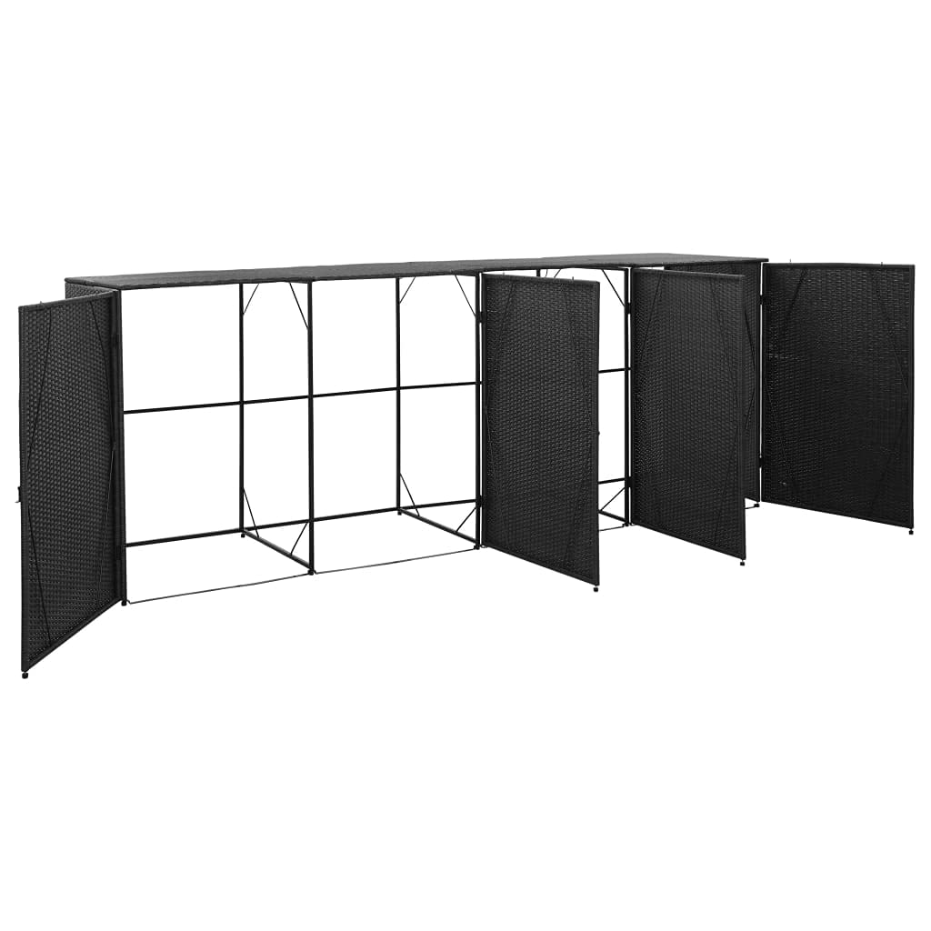 NusGear Quadruple Wheelie Bin Shed Black 120.1"x30.7"x47.2" Poly Rattan, Material: Poly Rattan, Powder-Coated Steel -737 120.1" x 30.7" x 47.2"