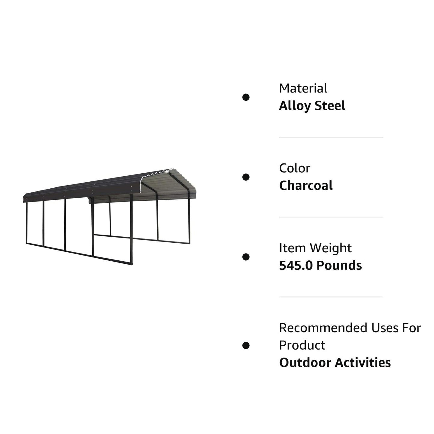 Arrow Shed 12 x 20 x 7-Foot Heavy Duty Galvanized Steel Metal Multi-Use Shelter, Shade, Carport, 12' x 20' x 7', Charcoal color