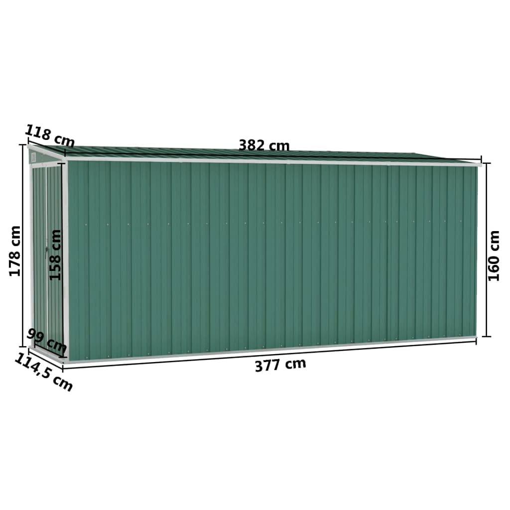 Gecheer Abri de jardin mural vert 46,5"x150,4"x70,1", abri de rangement extérieur avec porte en acier galvanisé, maison de rangement pour jardin, patio, pelouse 46,5 x 150,4 x 70,1 