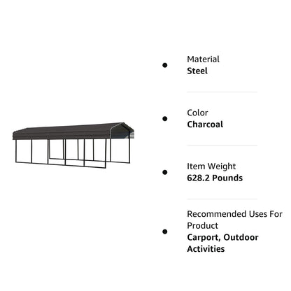 Arrow CPHC102407 Abri multi-usage en acier galvanisé robuste, abat-jour, abri d'auto, 10' x 24' x 7', abri d'auto uniquement, charbon de bois 10' x 24' x 7' 