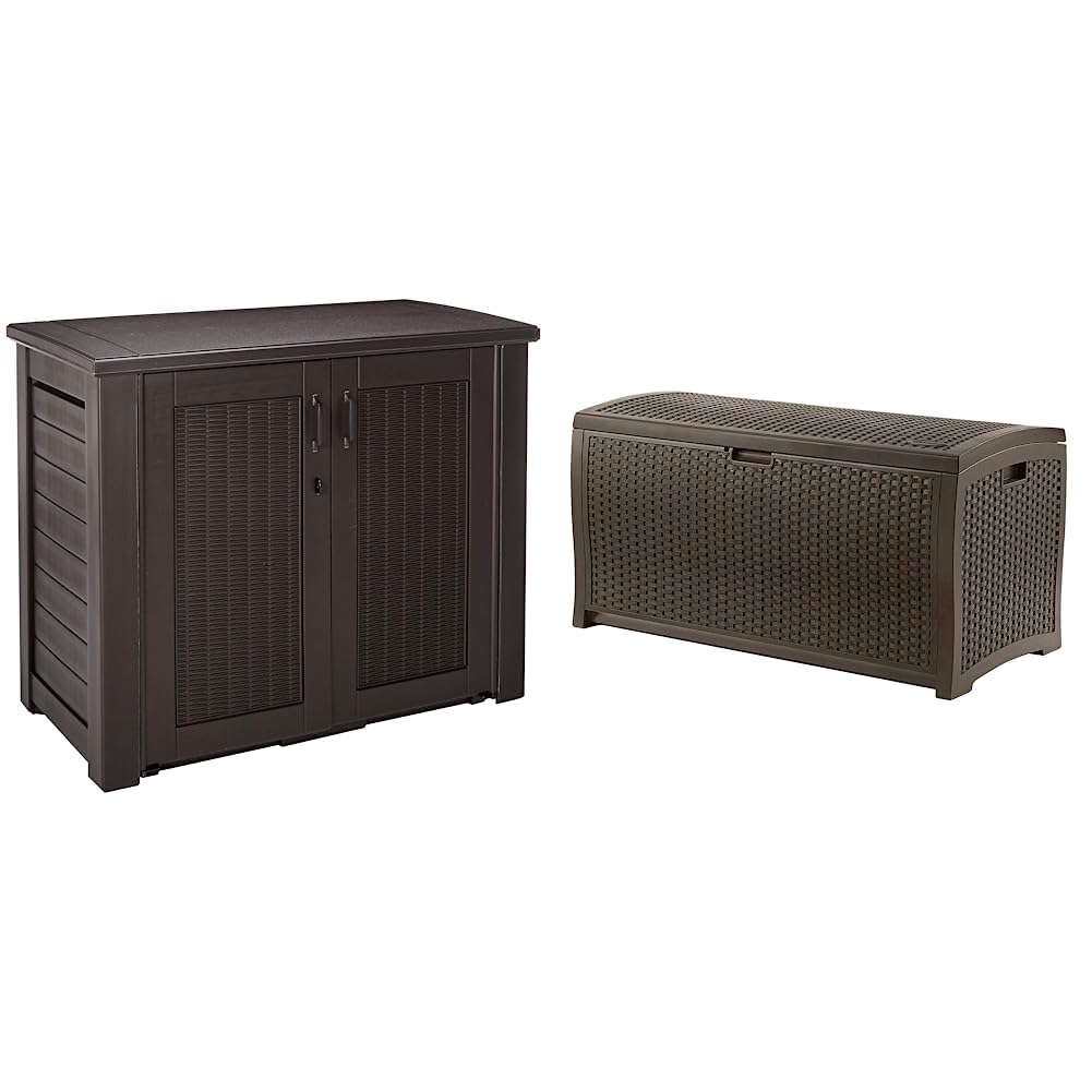 Rubbermaid Patio Chic Resin Weather Resistant Outdoor Storage Deck Box, 123 Gal., Black Oak Rattan Wicker Basket Weave & Suncast 99 Gallon Resin Wicker Patio Outdoor Storage Container Cabinet+ Container for Toys