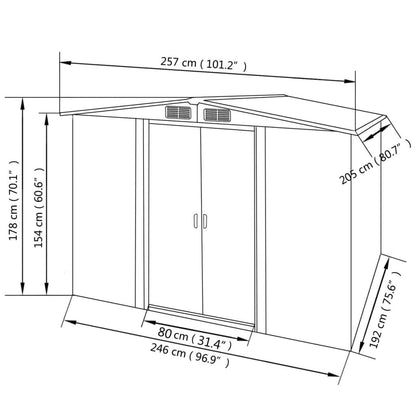 CHARMMA Outdoor Garden Storage Shed with Sliding Doors and Vents Galvanized Steel Outdoor Tool Shed Pool Supplies Organizer Green for Patio, Backyard, Lawn 9'x7'x6'(W x D x H) 101.2"x80.7"x70.1"