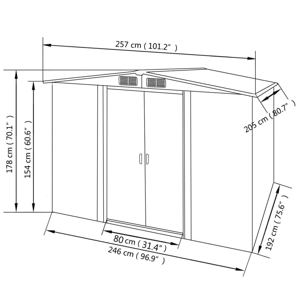 GOLINPEILO Metal Outdoor Garden Storage Shed, 101.2" x 80.7" x 70.1" Steel Utility Tool Shed Storage House, Steel Yard Shed with Double Sliding Doors, Utility and Tool Storage for Garden Patio,Gray 101.2" x 80.7" x 70.1" Gray