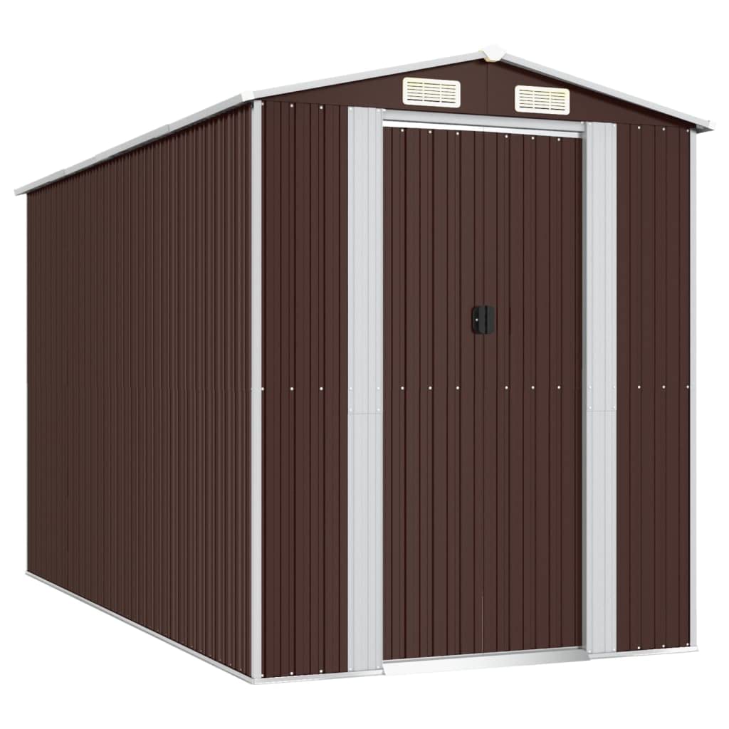 GOLINPEILO Abri de jardin extérieur en métal, grand hangar à outils utilitaire en acier, abri de jardin en acier avec doubles portes coulissantes, rangement utilitaire et outils, marron foncé 75,6"x140,6"x87,8" 75,6"x140,6"x87,8" 