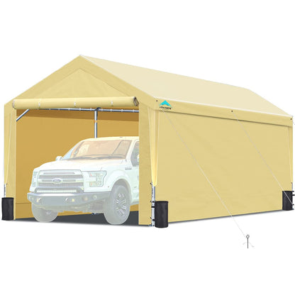 ADVANCE OUTDOOR 12x20 ft Heavy Duty Carport with Sidewalls & Doors, Adjustable Height from 9.5 to 11 ft, Car Canopy Garage Party Tent Boat Shelter 8 Reinforced Poles and 4 Sandbags, Beige 017BY-1 With Sidewall