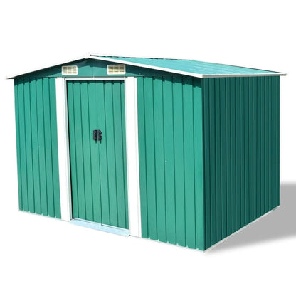 CHARMMA Outdoor Garden Storage Shed with Sliding Doors and Vents Galvanized Steel Outdoor Tool Shed Pool Supplies Organizer Green for Patio, Backyard, Lawn 9'x7'x6'(W x D x H) 101.2"x80.7"x70.1"